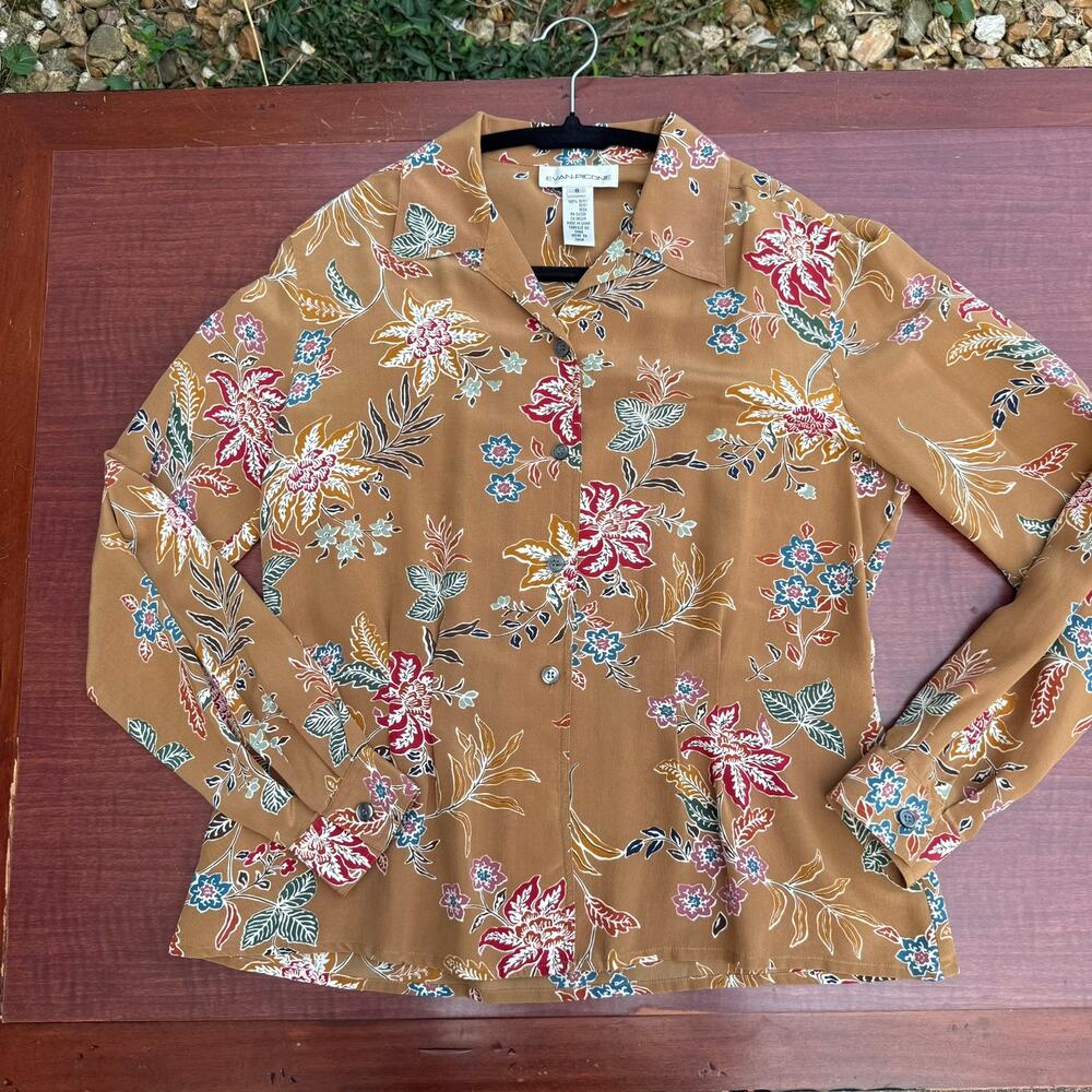 Evan Picone Floral Silk Blouse Button Down 90s Vintage Women Size 8 Tan Mustard